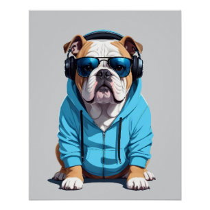 Póster Inglês Buldogue Vestindo Hoodie Funny Legal Música