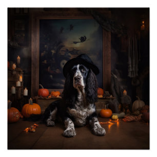 Póster Inglês Cocker Spaniel Pumpkins Halloween Assustado
