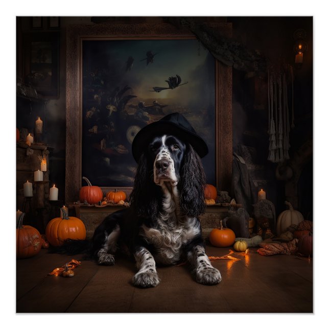 Póster Inglês Cocker Spaniel Pumpkins Halloween Assustado (Frente)