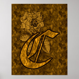Póster Inicial C Monograma Elegante Flor de Peônia Dourad