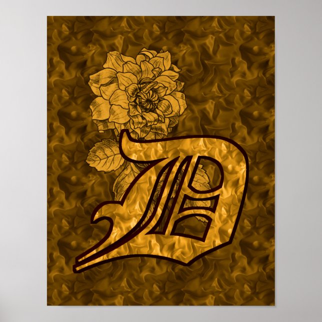 Poster Inicial D de Monograma Flor de Peônia Dourada (Frente)