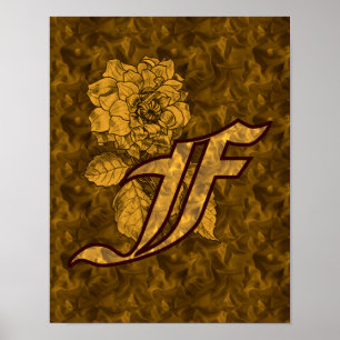 Póster Inicial do Monograma F Dourado Floral Peônia 