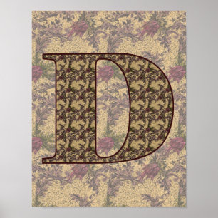 Póster Inicial Monograma D Floral Vintage Elegante