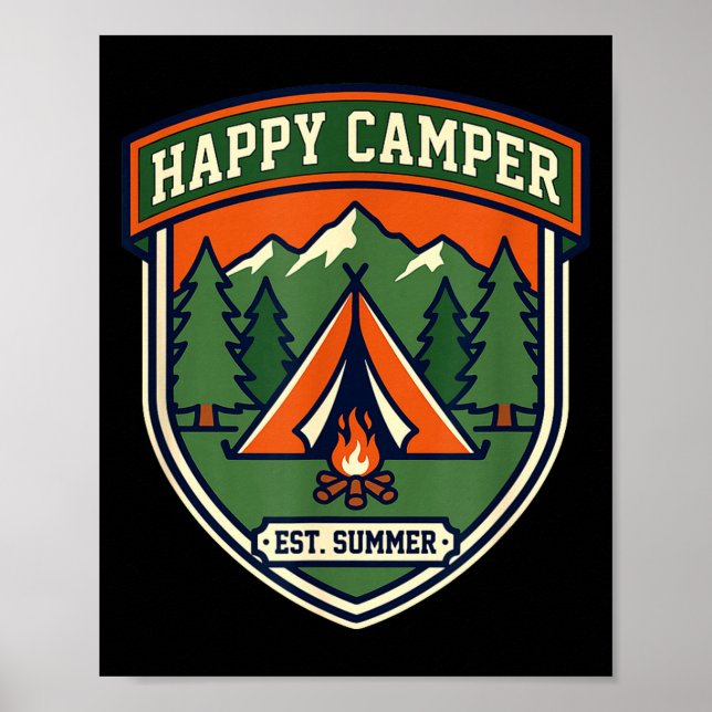 Poster Insígnia de acampamento feliz barraca fogueira de  (Frente)