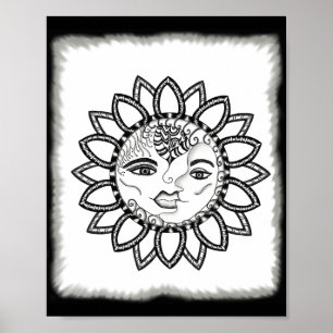 Poster Inspiração Arte Desenhada à Mão Sol Lua
