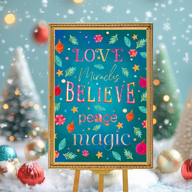 Poster Inspiração Floral Cor-de-Rosa (Festive colorful Christmas hand painted letter details. Love, Miracles, Believe, Peace and Magic.)