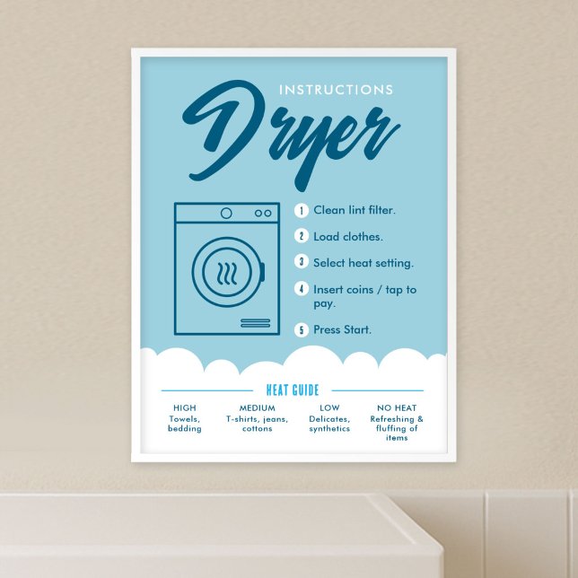 Poster Instruções da Secadora Sinalização de Lavanderia C (Fully editable blue and white tumble dryer instructions poster template)