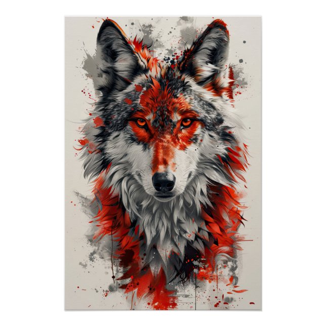 Póster Intense red wolf with striking abstract elements.  (Frente)