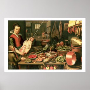 Póster Interior da cozinha com uma empregada doméstica