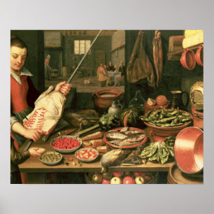 Póster Interior da cozinha com uma empregada doméstica