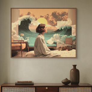 Poster Interior Surrealista com Mulher e Gato