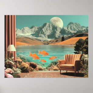 Poster Interior Surrealista com Peixes e Paisagem ao Luar