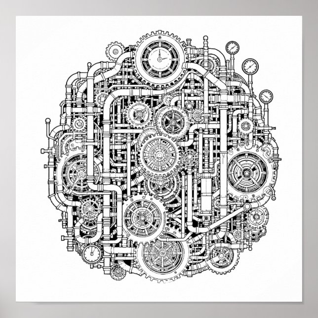 Poster Intricate Steampunk Decoupage Template Line Art (Frente)
