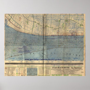 Póster Invasão Mapa do dia D da praia de Utá do vintage