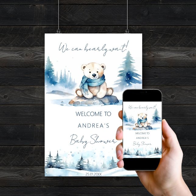 Poster Inverno do urso polar: espera chá de fraldas bem-v (Polar bear winter bearly wait baby shower editable template welcome poster digital download cute)