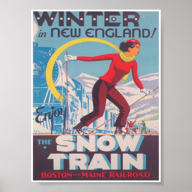 Poster Inverno em Nova Inglaterra, Comboio em Neve, Esqui (Frente)