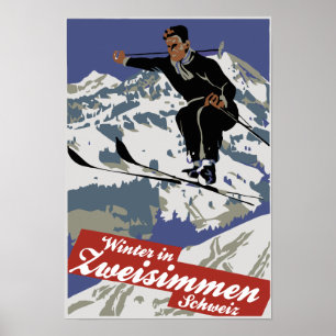 Poster Inverno em Zweisimmen, anúncio do viagem do esqui