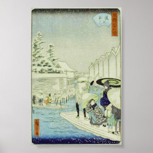 Póster Inverno japonês na arte Woodblock Ukiyo-E da águ