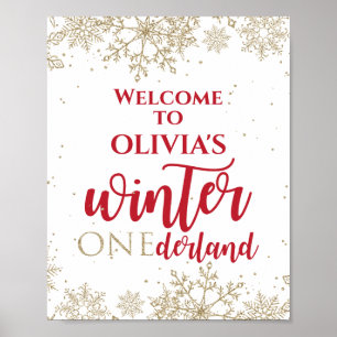 Poster Inverno Onederland Vermelho 1º Aniversário Dourado