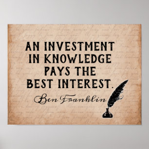 Póster Investir no conhecimento - citação de Ben Franklin