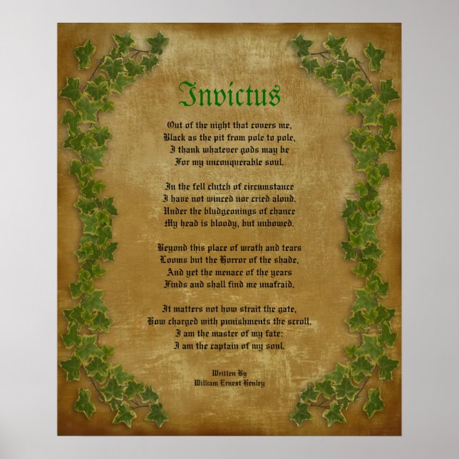 Poster Invictus, Victorian poem on parchment with ivy (Frente)