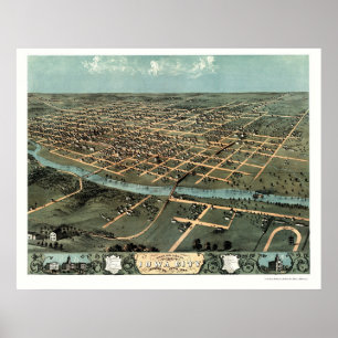 Poster Iowa City, mapa panorâmico de IA - 1868