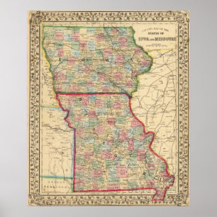 Póster Iowa, Missouri Map by Mitchell