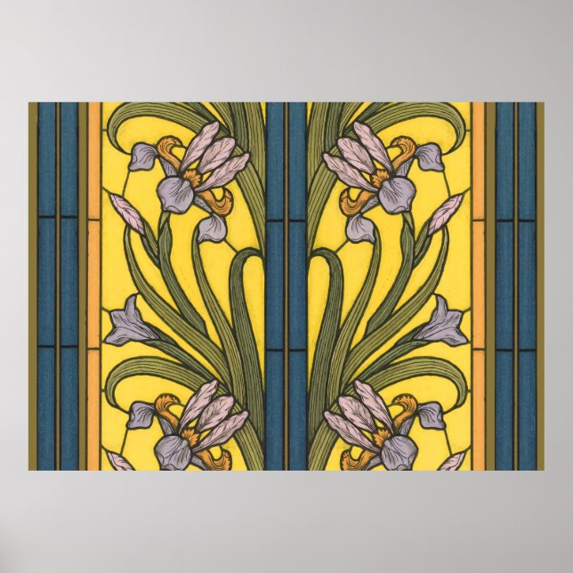 Poster Iris Flower Art Nouveau Vidro Estampado Azul Doura (Frente)