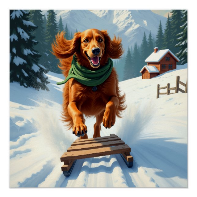 Póster Irish Setter Sledding Adventure Christmas Painting (Frente)