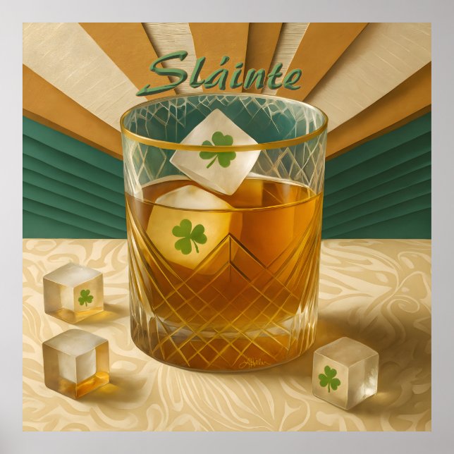 Poster Irish Whiskey Tumbler Shamrock Ice "Sláinte!" (Frente)
