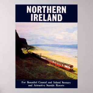Poster Irlanda do Norte, trem railway pela costa