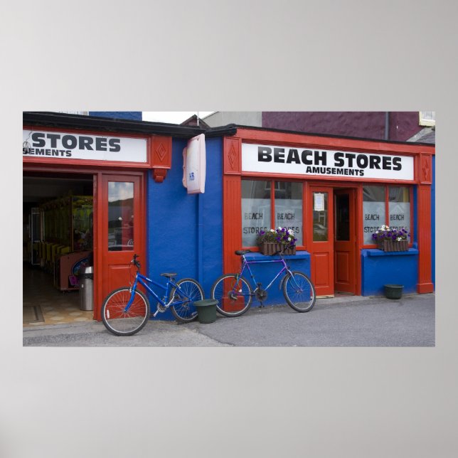 Poster Irlanda, Strandhill. Frentes de loja com bicicleta (Frente)