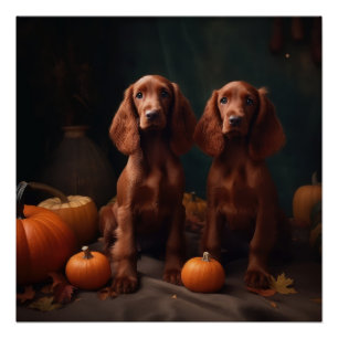 Póster Irlandês Red Setter Puppy Autumn Delight Pumpkin