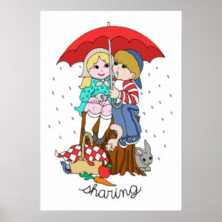 Poster Irmão e Irmã Compartilhando Guarda-chuvas em Chuva