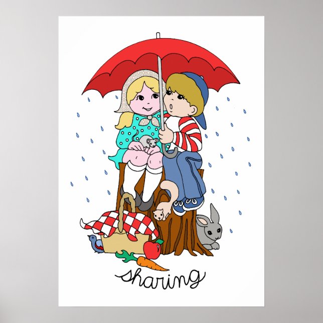 Poster Irmão e Irmã Compartilhando Guarda-chuvas em Chuva (Frente)