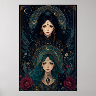 Poster Irmãs Bruxas – Fantasia Gótica Art Nouveau