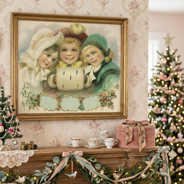 Póster Irmãs do Natal Vintage, Crianças Vitorianas (Vintage illustration Christmas design featuring three smiling, happy girls. Sisters or best friends.)