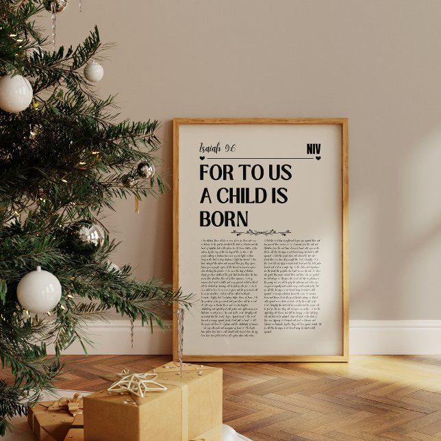 Poster Isaiah 9:6 Bíblia de Natal Verse Art (A framed Christian scripture print titled “For unto us a child is born” with text from Isaiah 9:6.)