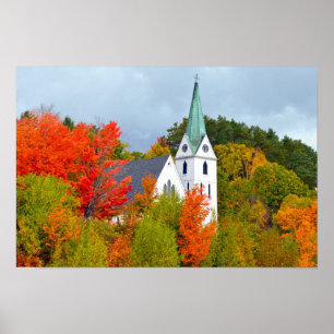 Póster Island Pond, Vermont, Igreja, Outono