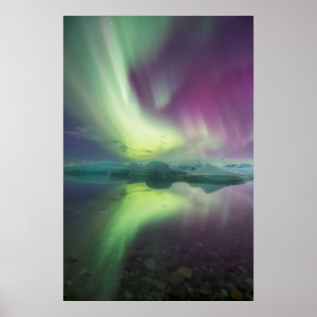 Póster Islândia, Jokulsarlon. Luzes de Aurora Refletem (Frente)