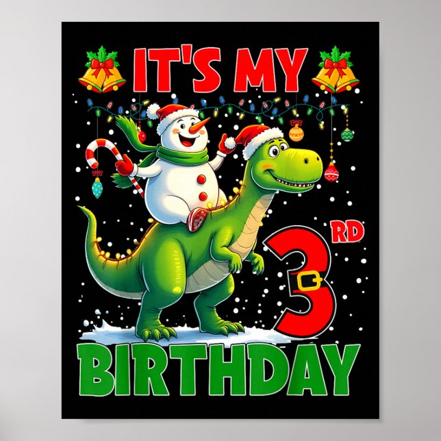 Poster It’s My 3rd Birthday Xmas Snowman Riding Dinosaur  (Frente)
