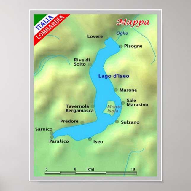 Poster Itália - Lombardia - Lago Iseo - Mapa - (Frente)