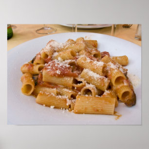 Póster Itália, Positano. Placa de exibição de rigatoni.
