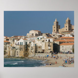 Póster Itália, Sicília, Cefalu, Cidade View com Duomo d
