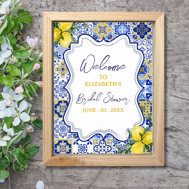 Poster Italian watercolor tiles with lemon Bridal Shower (Criador carregado)