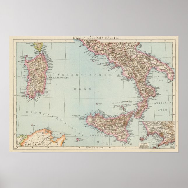 Póster Italien sudliche Halfte, Mapa do Sul de Itália (Frente)
