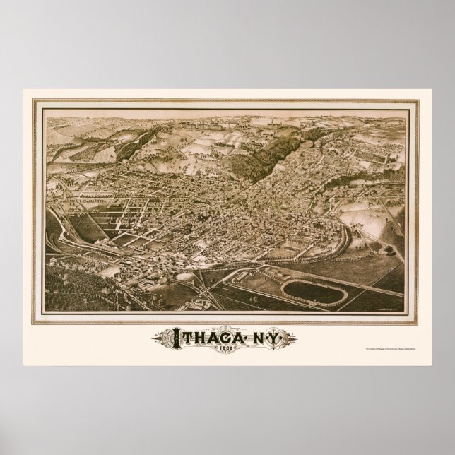 Póster Ithaca, Mapa Panorâmico NY - 1882 (Frente)