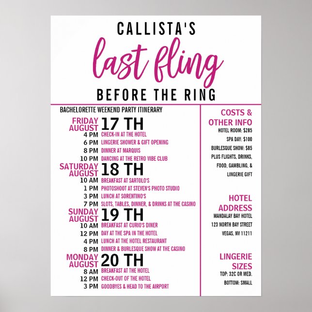 Poster Itinerário de festa de despedida de solteira cor-d (Frente)