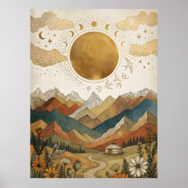 Poster Iurte Boho Celestial Fase Lunar Montanha