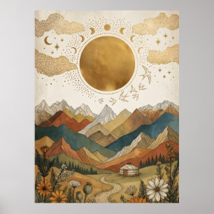 Poster Iurte Boho Celestial Fase Lunar Montanha